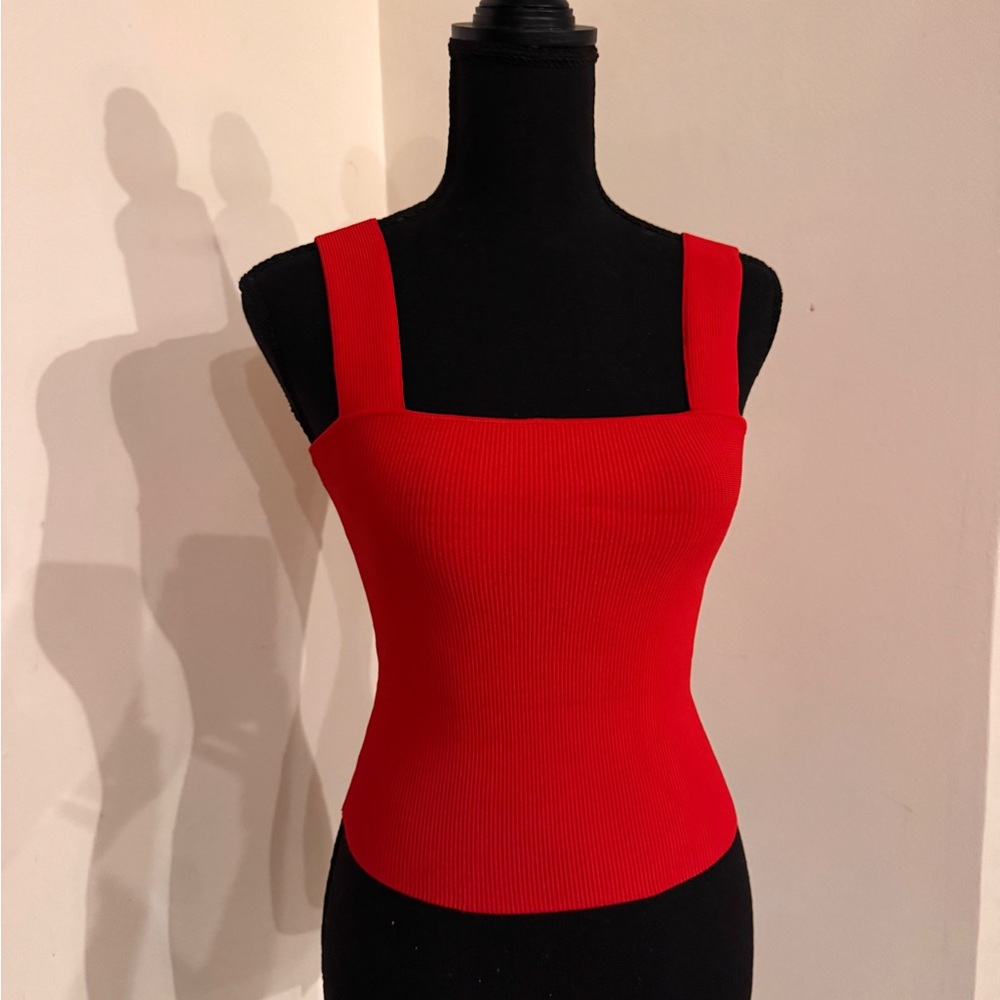 Alice + Olivia Red Square-Neck Ribbed Tank